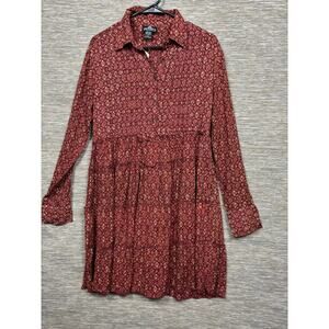 Angie Button Down Dress Womens Size L Burgundy Tiered Ruffle Long Sleeve Boho